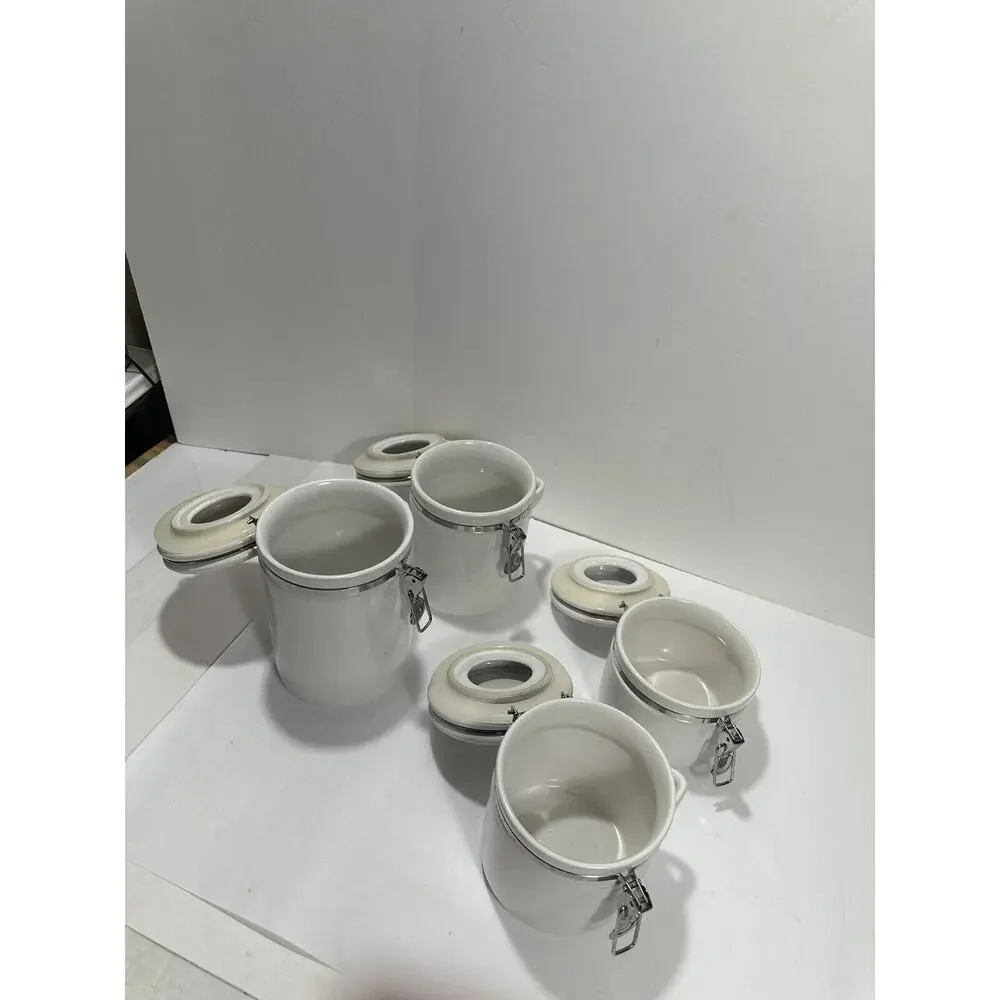 Linens N Things Set Of 4 Canisters Lock Jar airtight seal White Canister‎ Coffee